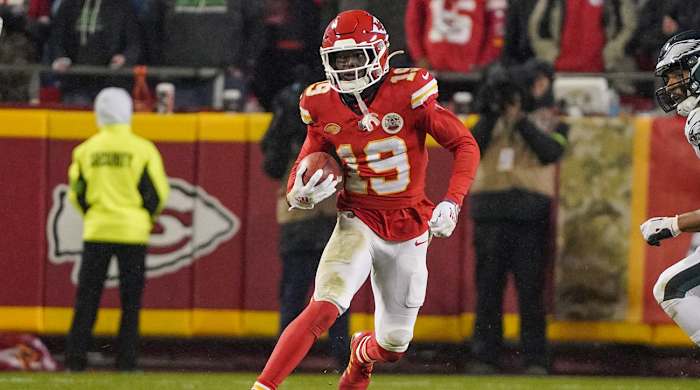 Kansas City Chiefs wide receiver Kadarius Toney (19) returns a kick against the Philadelphia Eagles during the second half at GEHA Field at Arrowhead Stadium.